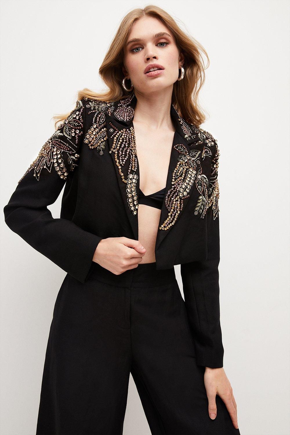 Crystal Embellished Linen Twill Crop Jacket | Karen Millen US