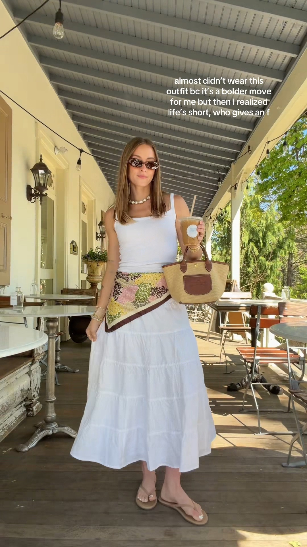 5/5/26 Casual Summer Outfit with Flowy Skirt An easy summer outfit I’ll be wearing on repeat 🤍 my Aritzia flowy white skirt with my favorite tank, styled with a Mango scarf and pearl necklace from J.Crew. Finished with Aire sunglasses, my Longchamp bag, and TKEES flip flops—everything is linked here

#LTKootd #LTKSeasonal