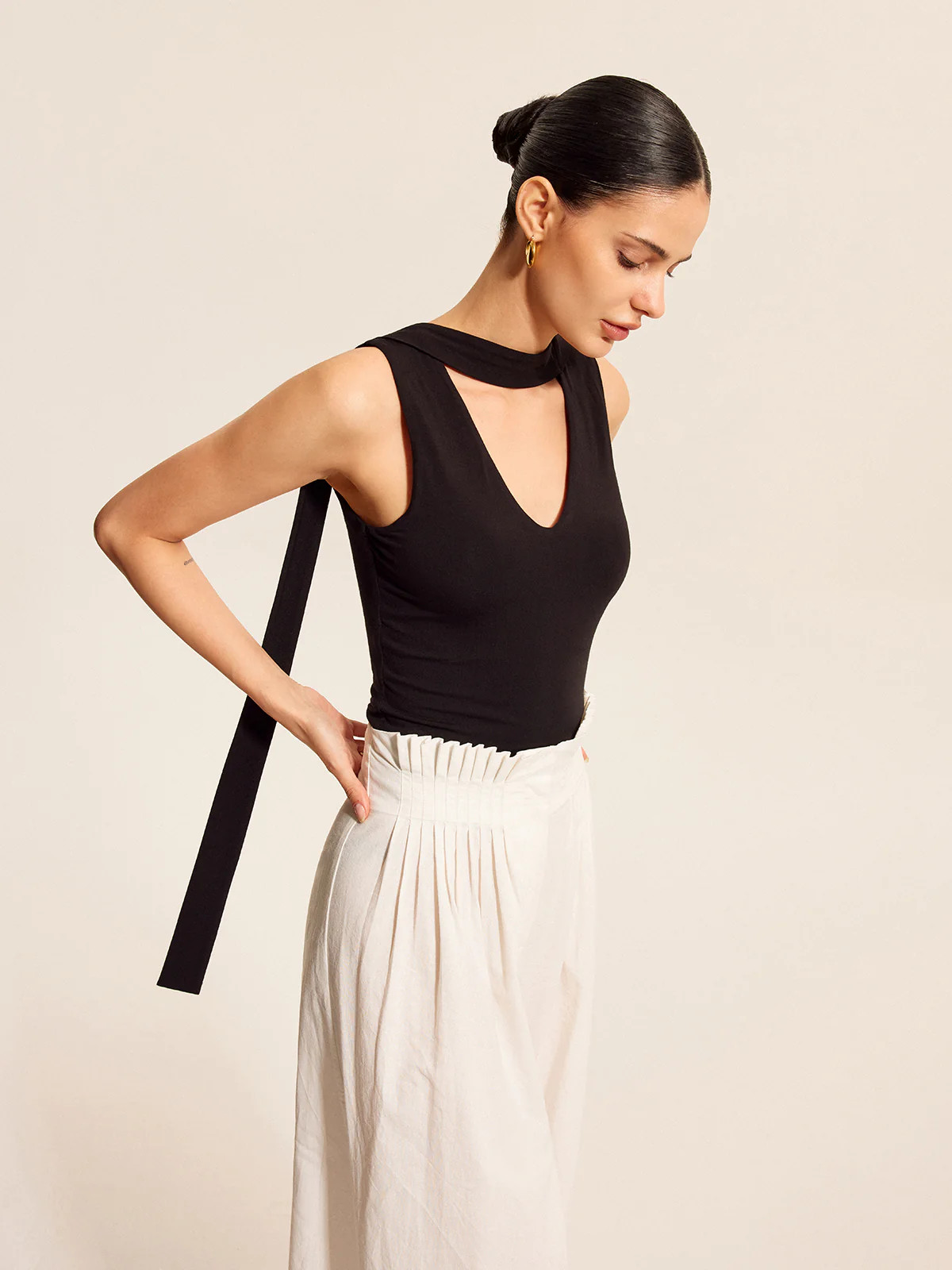 V-Neck Top With Scarf-Style Neck Tie | Commense