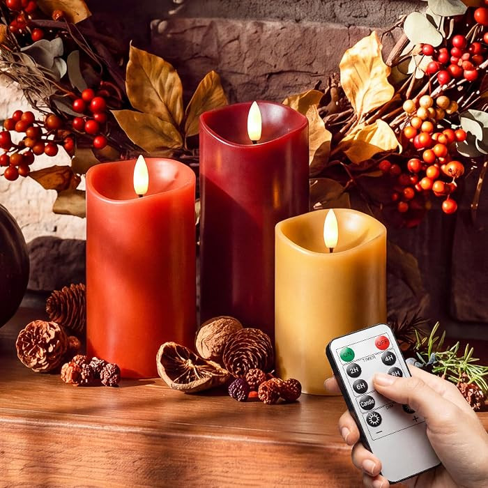 Fall Decorations for Home - Real Wax Flameless Pillar Candles Set of 3 | Amazon (US)