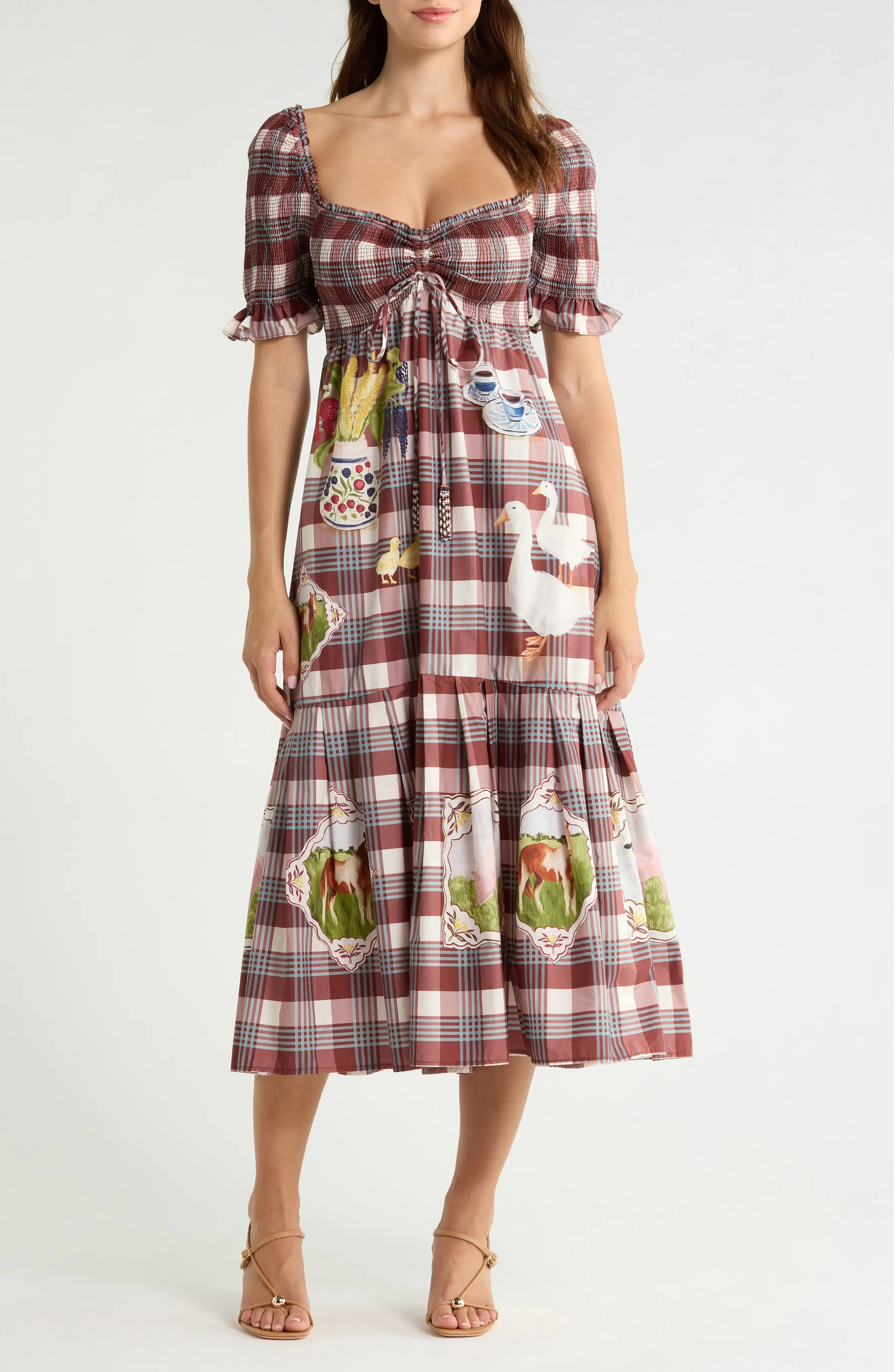 FARM Rio Country Trable Tartan Plaid Midi Dress in Brown at Nordstrom, Size X-Small | Nordstrom