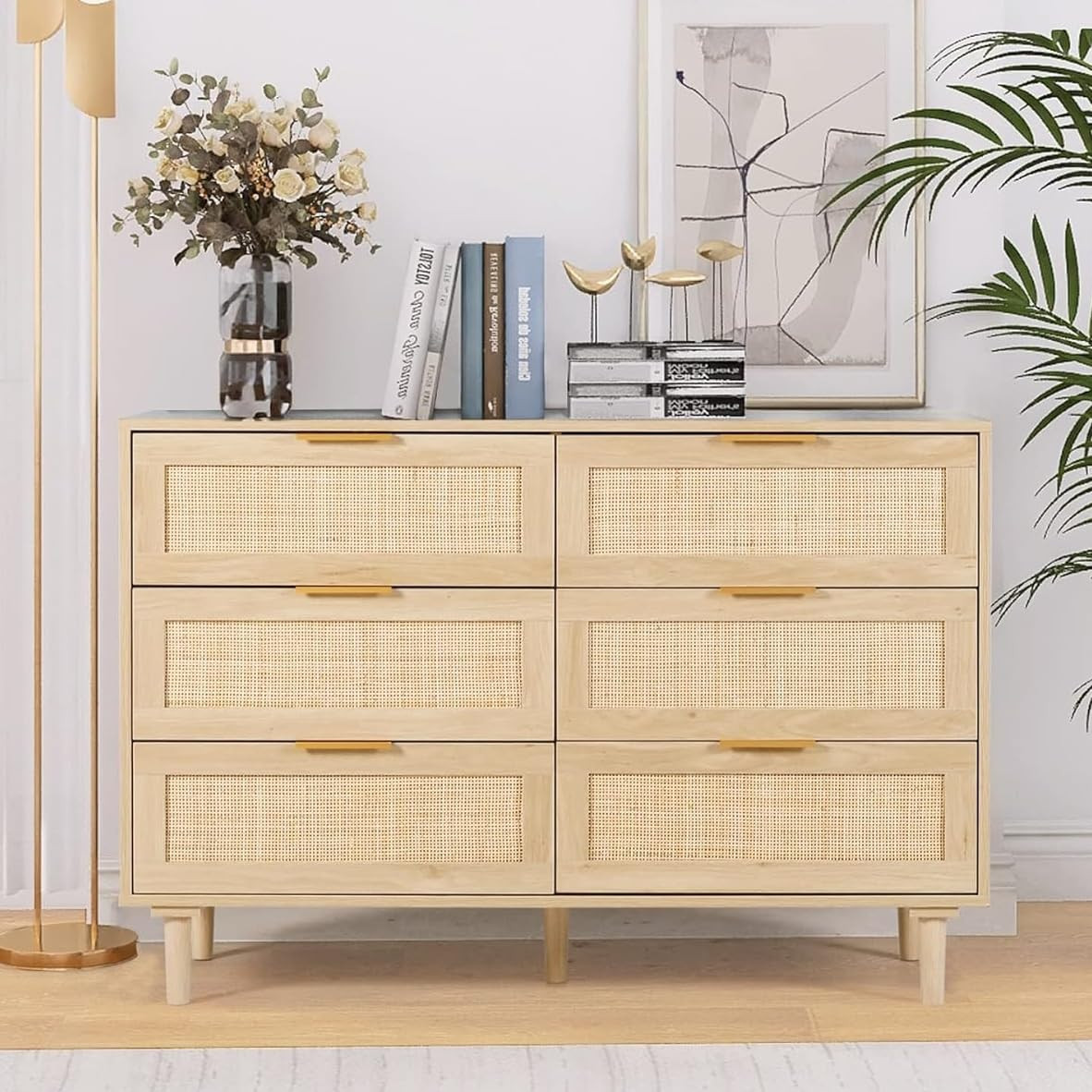 Rattan Dresser for Bedroom, Modern 6 Drawer Double Dresser with Gold Handles, Wood Storage Chest ... | Amazon (US)