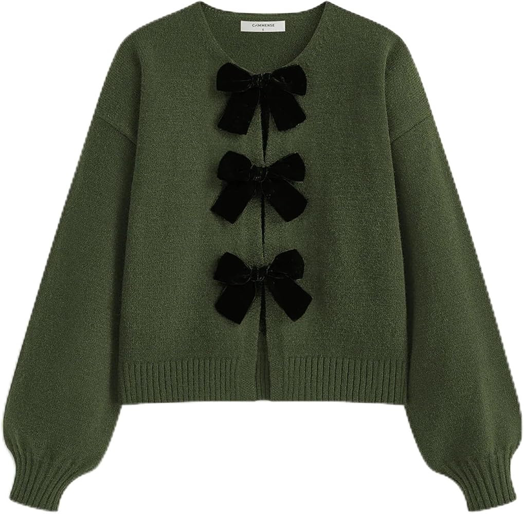 Womens Y2k Tie Front Cardigan Sweaters Bow Tie Long Sleeve Crew Neck Loose Crop Knitted Fall Wint... | Amazon (US)