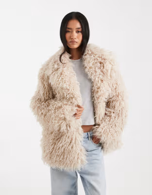 Miss Selfridge mongolian faux fur oversized coat in buttermilk | ASOS (Global)