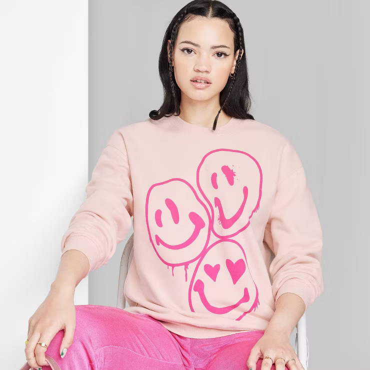 Women's Oversized Dad Sweatshirt - Wild Fable™ Blush Smiley Face XS | Target