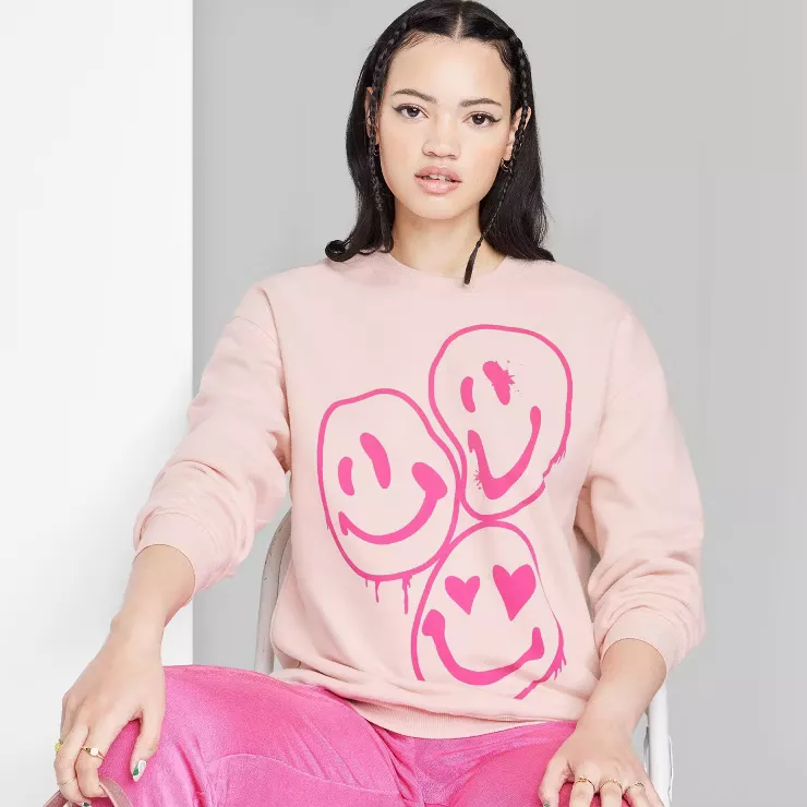 WOMEN'S OVERSIZED DAD SWEATSHIRT by WILD FABLE BLUSH SMILEY FACE