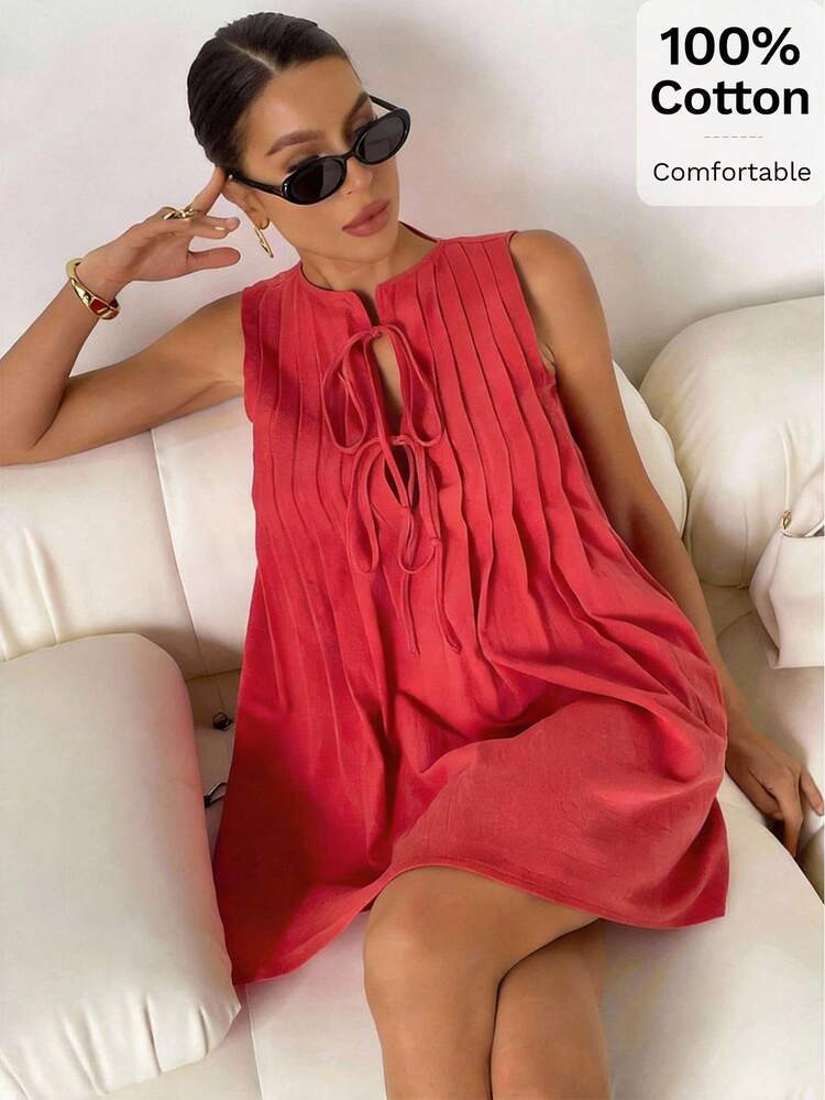 Siren Gaze Women's Solid Color Front Tie Sleeveless Casual Simple Mini Dress Christmas New Year R... | SHEIN