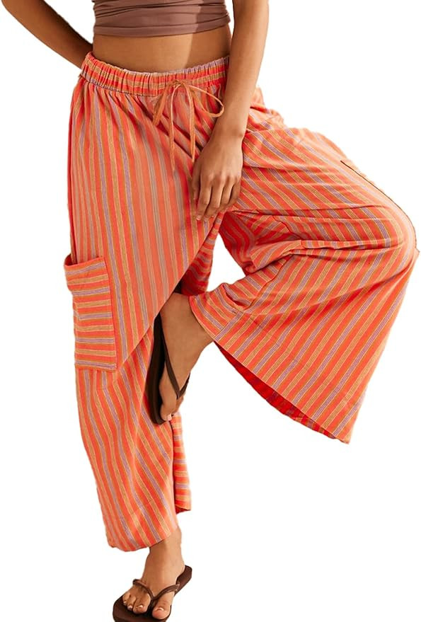 EVALESS Women Palazzo Pants Summer Casual Wide Leg High Waist Lounge Flowy Beach Striped Trousers... | Amazon (US)