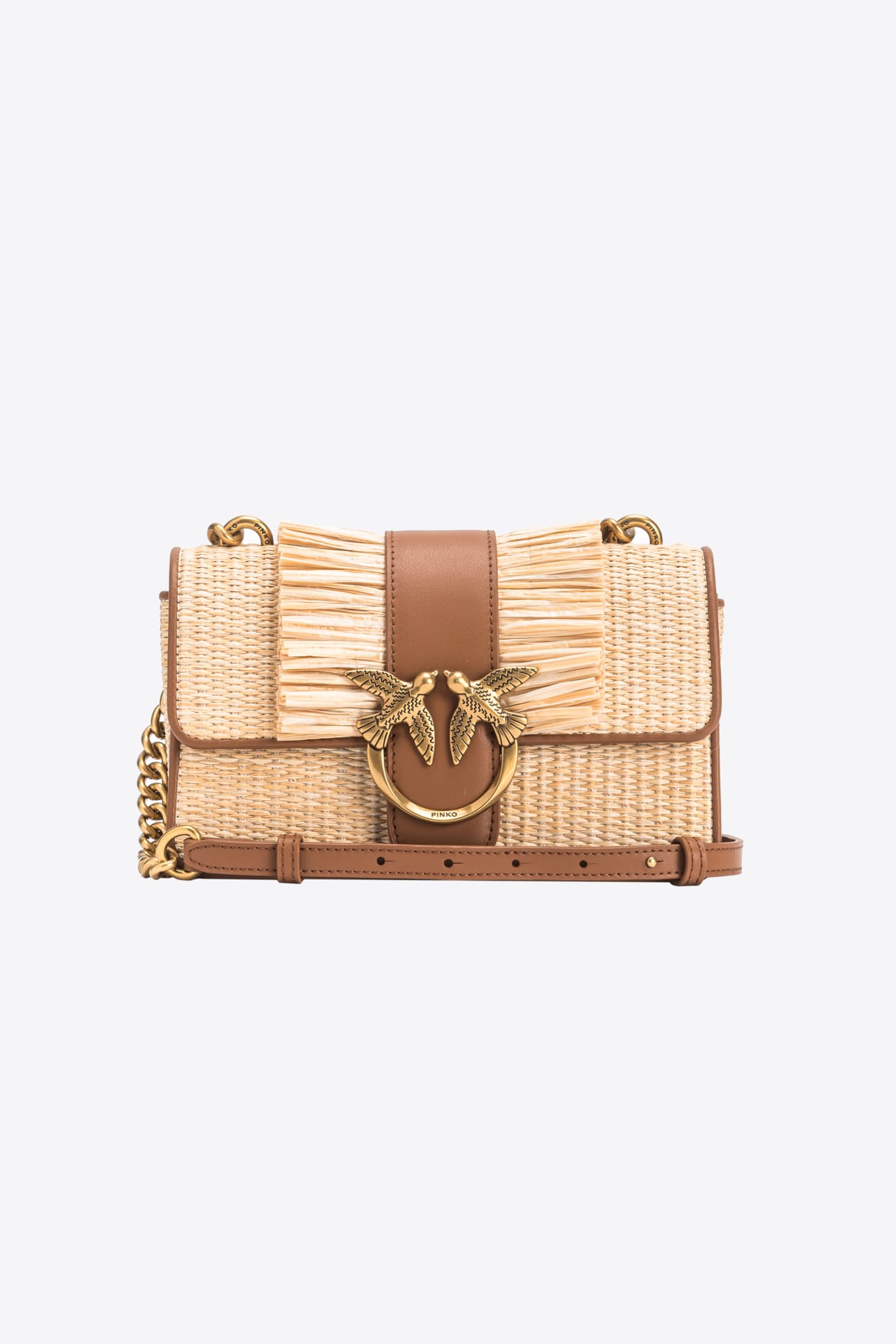 MINI LOVE BAG LIGHT IN RAFFIA AND LEATHER WITH FRINGING | PINKO (Global)