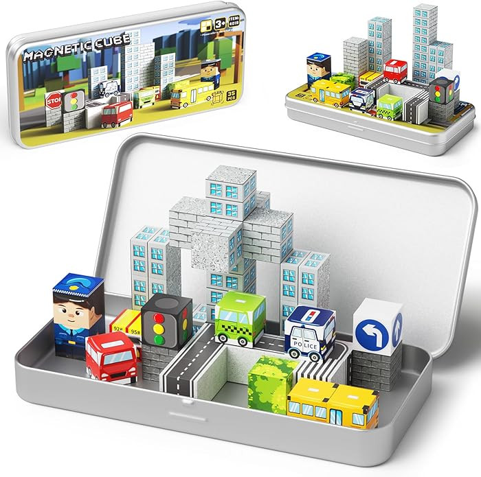 City Traffic Magnetic Blocks Set, 35PCS STEM Toys for Kids Ages 3-8, Travel Building Toys with Ca... | Amazon (US)