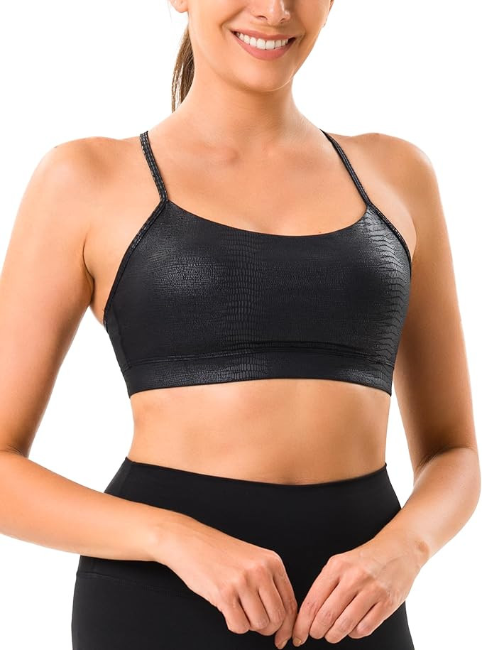 YUNOGA Women's Y Back Matte Faux Sports Bras Padded Racerback Spaghetti Thin Strap Support Workou... | Amazon (US)