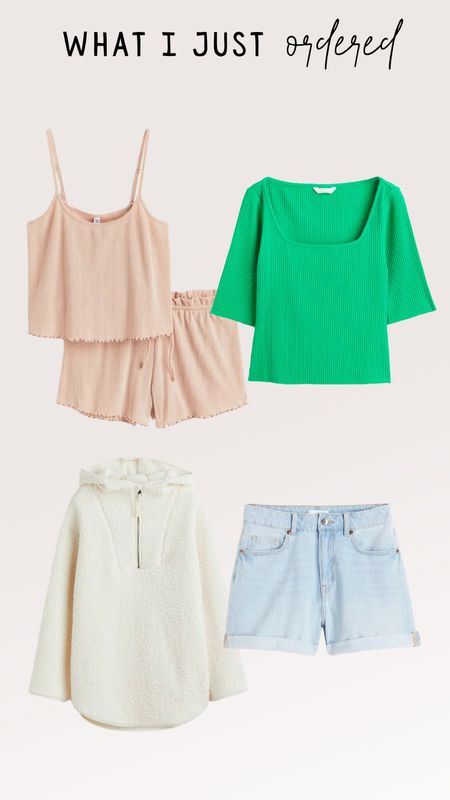 H&M sale items on major sale 
Pajamas 
High waisted denim mom shorts 
Green ribbed top - $6.99!!!!!
Oversized fleece hoodie 

#LTKfindsunder50 #LTKSeasonal #LTKsalealert