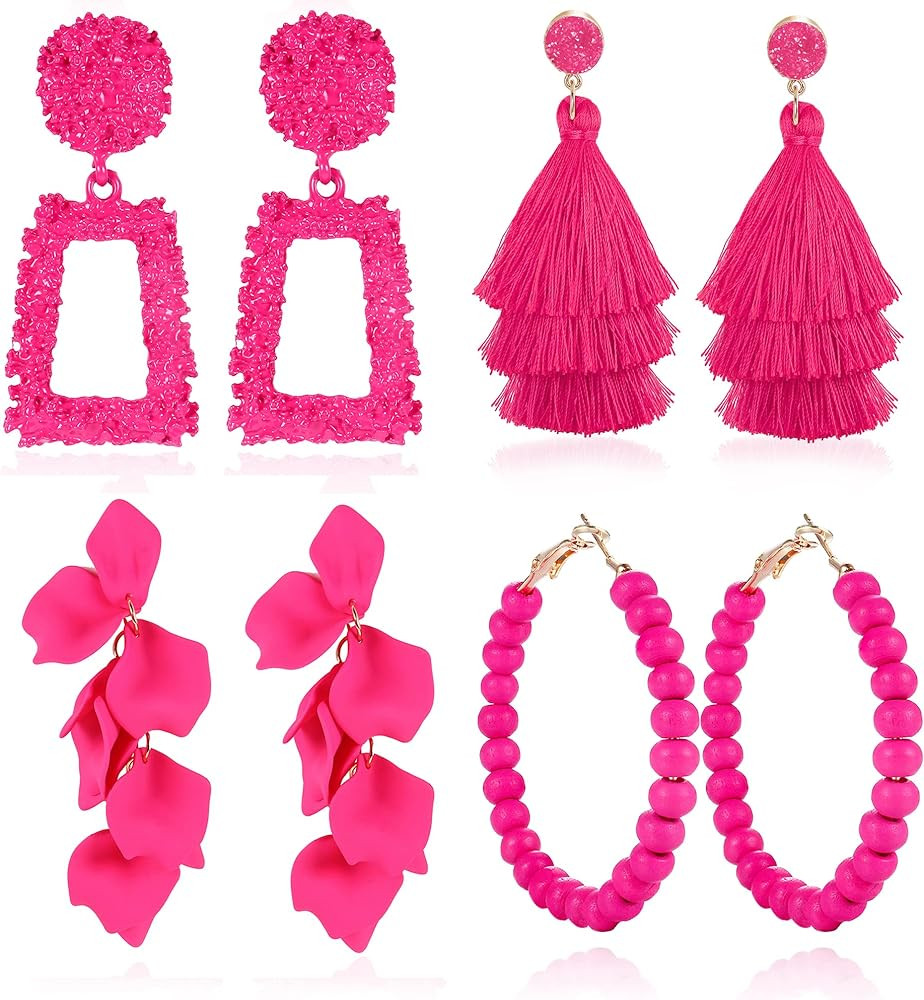 FIBO STEEL Statement Earrings Drop Dangle Earrings for Women Hot Pink Earrings Geometric Beaded H... | Amazon (US)