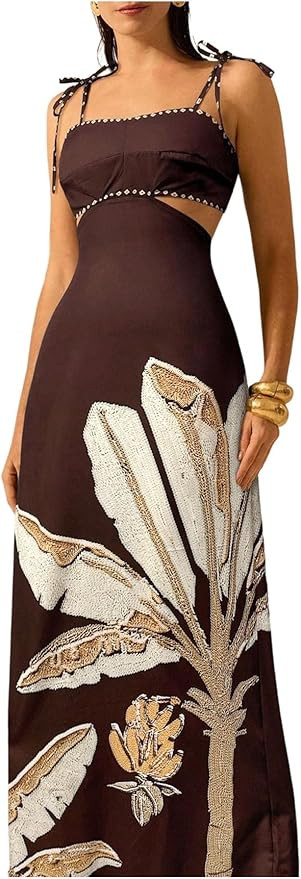 SOLY HUX Women's Summer Maxi Dress Boho Print Tie Shoulder Spaghetti Strap Cut Out Tie Back Cami ... | Amazon (US)