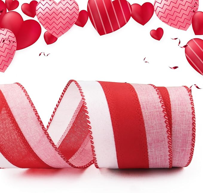 Hying Wedding Craft Ribbons for Wreath Bows, 2.5"×10 Yards Striped Pattern Wired Edge Ribbons Re... | Amazon (US)