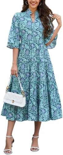 Women's Floral Ruffle Midi Dress V Neck Bell Sleeve Flowy Tiered Long Dress | Amazon (US)