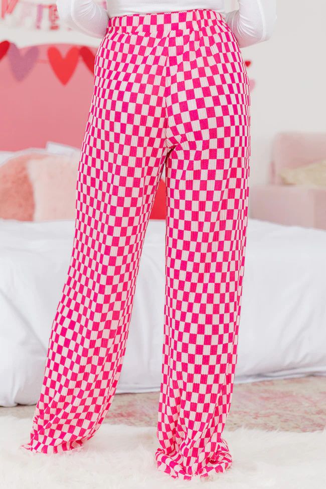 Dreaming About You Pink Checkered Plisse Button Up Top and Pants Set | Pink Lily