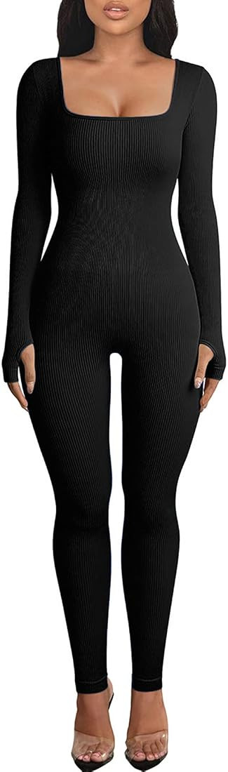 OEAK Womens Ribbed Jumpsuit with Tummy Control Long Sleeve Unitard Casual Yoga Rompers High Waist... | Amazon (US)