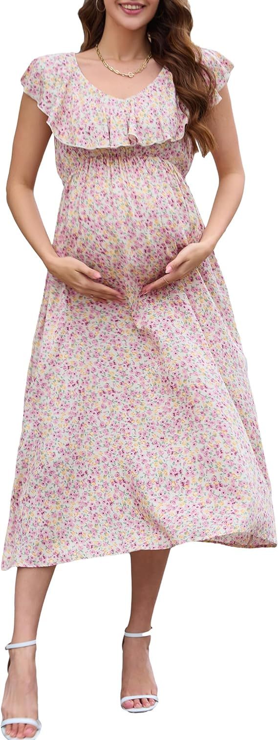 Women Maternity Summer Spring Casual V Neck Boho Sundress Ruffle Cap Sleeveless Flowy Maxi Dress ... | Amazon (US)