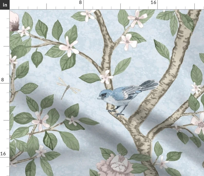 Traditional Peony Fabric Soft Blue Garden by Danika_herrick Chinoiserie Pale Soft Blue Grandmille... | Etsy (US)