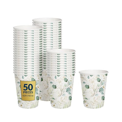PAW - Disposable Paper Cups (8,5 oz, 50-Pack), Hot & Cold Paper Coffee Cups, Floral Drinking Cups with Golden Eucalyptus Theme for Party, Wedding, Garden Party, BBQ, Picnic | Amazon (US)