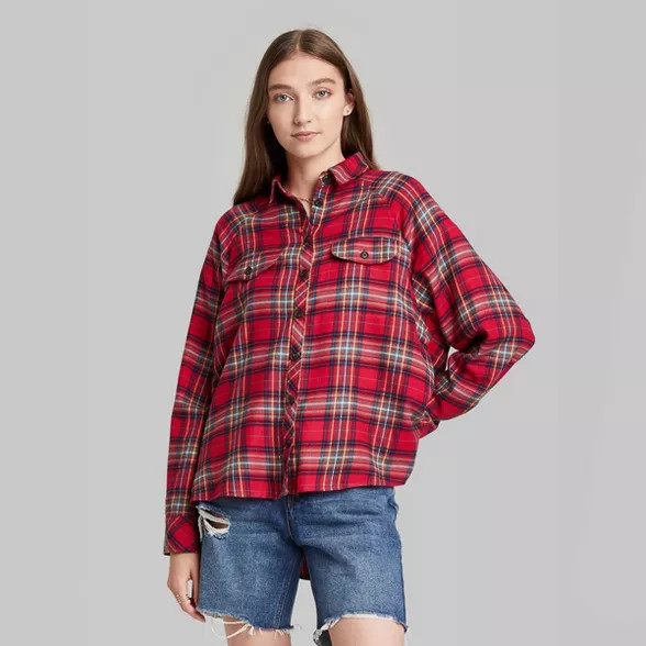 Women's Raglan Long Sleeve Button-Down Hi-Low Flannel Shirt - Wild Fable™ | Target
