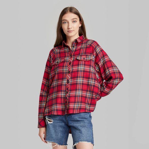 Women's Raglan Long Sleeve Button-Down Hi-Low Flannel Shirt - Wild Fable™ | Target