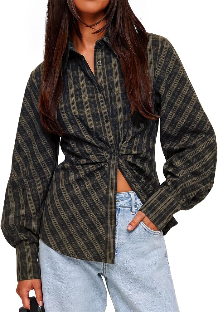 Cicy Bell Womens Ruched Button Down Shirts Puff Sleeve Dressy Casual Blouse | Amazon (US)