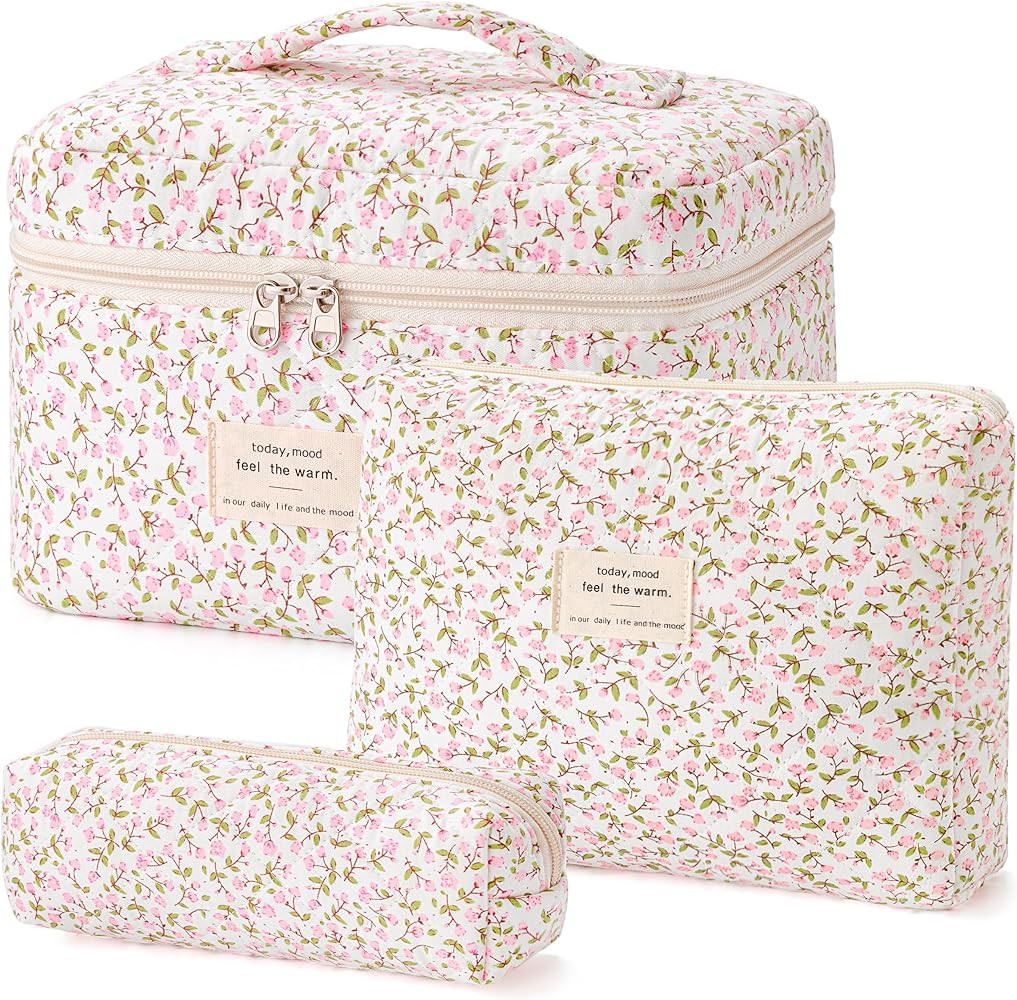 HBselect Quilted Makeup Bag, 3PCS Cotton Large Travel Makeup Bag, Cute Floral Coquette Make up Ba... | Amazon (US)