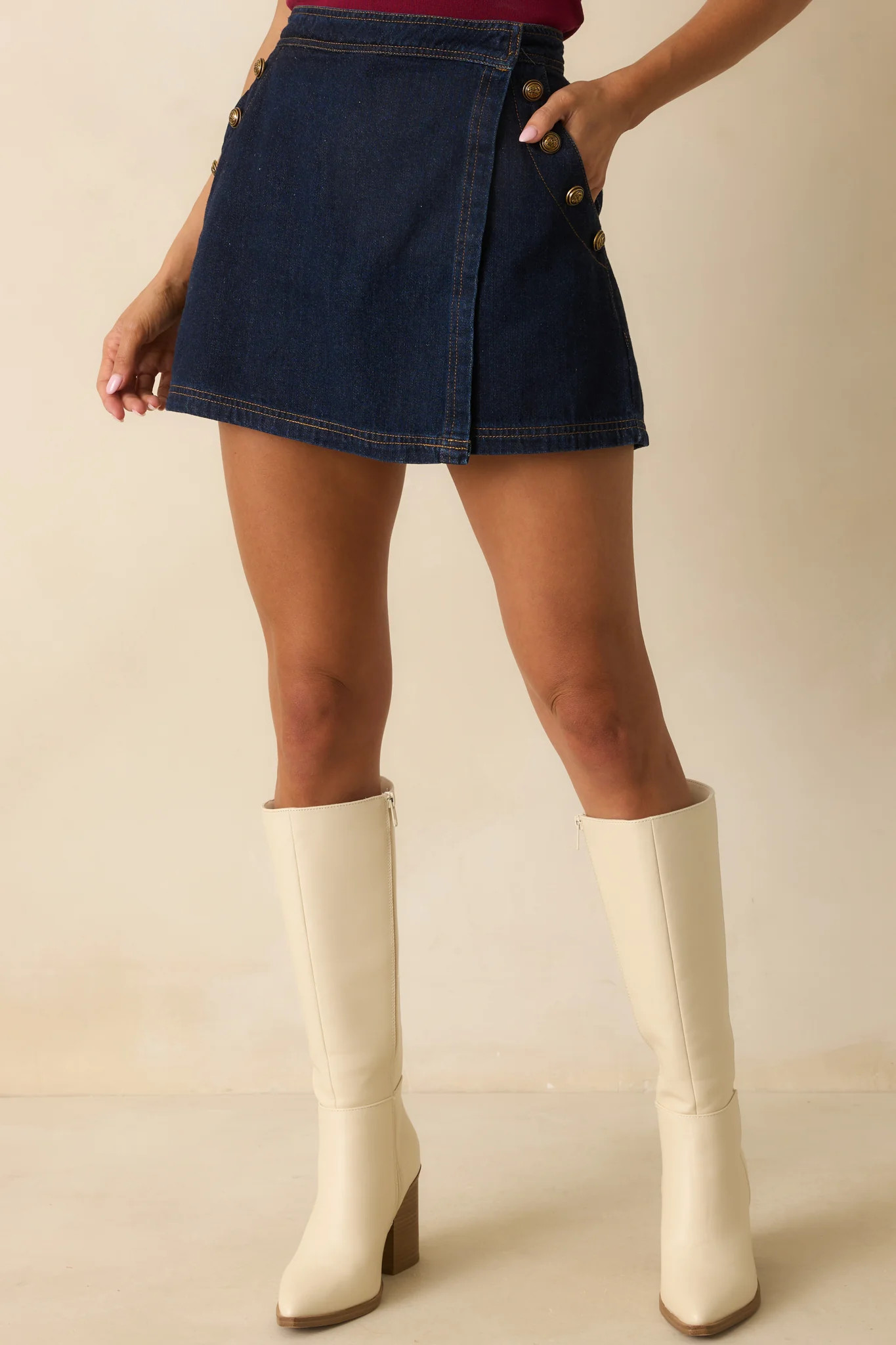 Never Looked Better Dark Wash Cotton Denim Mini Wrap Skort | Red Dress