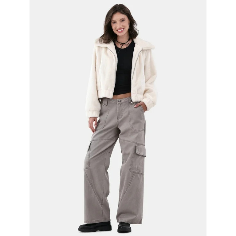 No Boundaries Faux Fur Bomber Jacket, Women's and Women's Plus | Walmart (US)