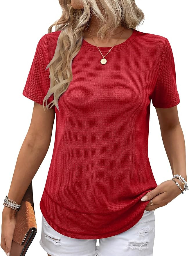 ANRABESS Womens Waffle Knit Tops Short Sleeve Crewneck Shirts Curved Hem Summer Dressy Casual Blo... | Amazon (US)