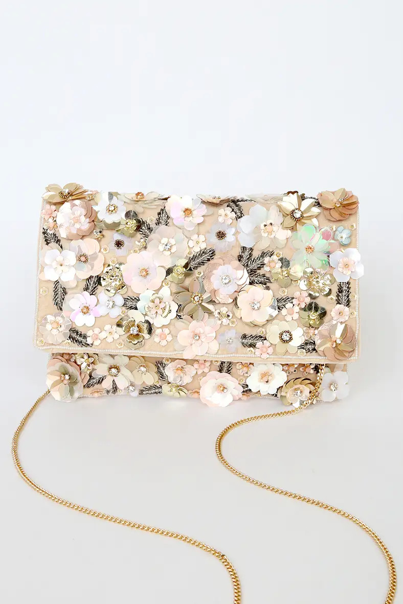 Garden of Glam Beige Velvet Floral Sequin Clutch | Lulus
