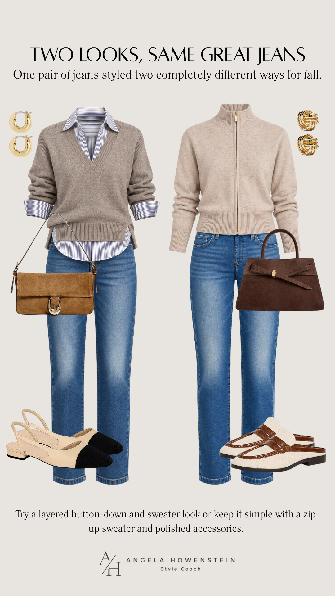 Two easy fall outfits built around pieces you can wear on repeat. I love the layered sweater-and-button-down look on the left, while the zip-up sweater on the right keeps things simple, polished, and effortless.

👩‍💻 LTK PRO TIPS
❤️ Heart = Support my posts ;-)
🔖 Save = Get sale & restock alerts for the things you love!
📋 Lists = Keep favorites organized (List ideas: Christmas, Birthdays, and Vacations!)
📲 Share = Send lists and products to a friend (or your daughters like me).
💬 Comment = Ask me anything, and I’ll answer. ;-) 

 #LTKootd #LTKSeasonal #LTKOver40