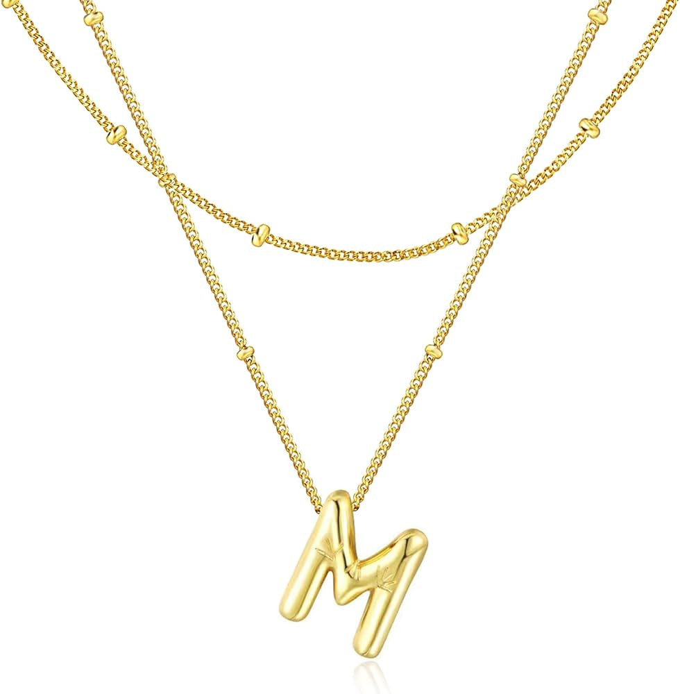 Bubble Letter Necklace for Women, 14k Gold Plated Initial Letter Pendant Necklace Personalized Je... | Amazon (US)