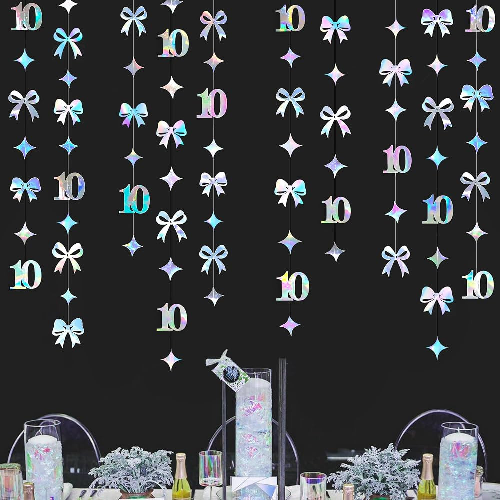 Iridescent 10th Bow Birthday Decorations Glitter Conquette Bow Garland Streamer Banner Backdrop f... | Amazon (US)