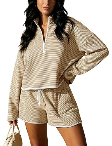 Bozanly Two Piece Outfits for Women Trendy Long Sleeve Tops Shorts Set | Amazon (US)