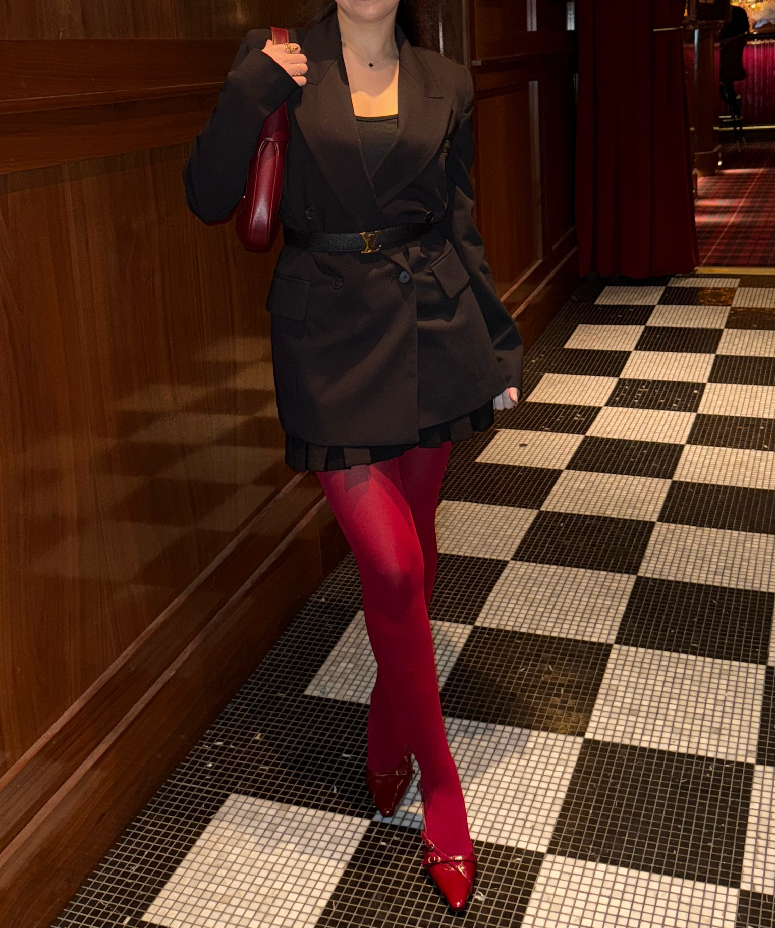 going out outfit - blazer and mini skirt with burgundy tights, shoes and bag

#LTKStyleTip