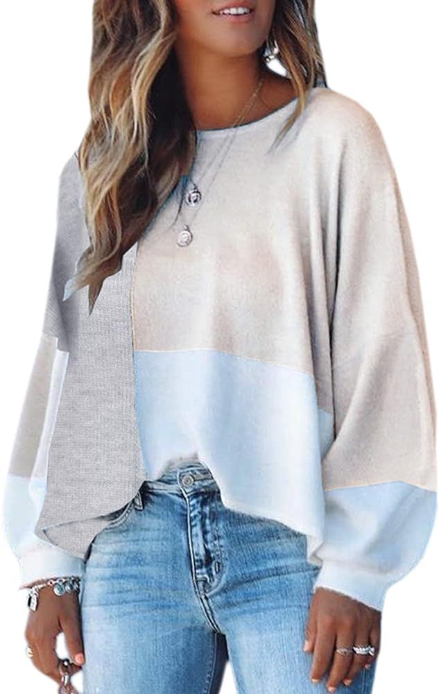 Women Sweater Long Sleeve Color Block Knit Pullover Sweaters Crew Neck Patchwork Casual Loose Jum... | Amazon (US)