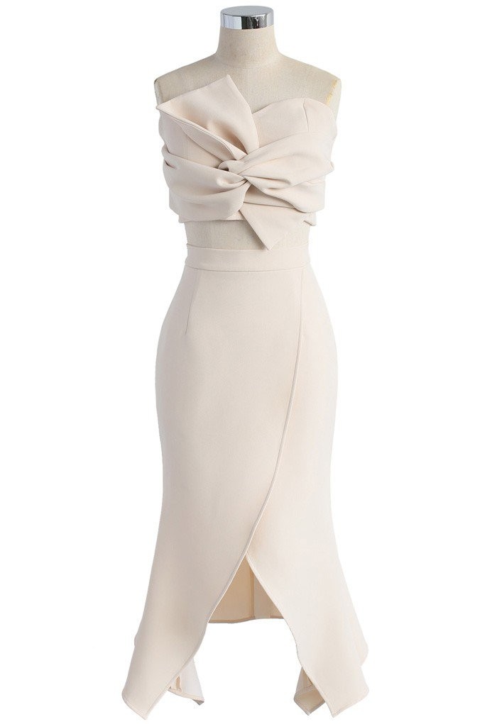 Sweet Knot Bustier Top and Flap Skirt Set in Beige | Chicwish
