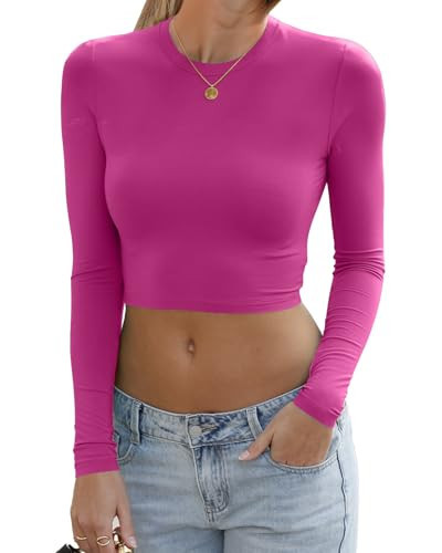 Abardsion Women's Sexy Skinny Long Sleeve Crop Tops -S Hot Pink | Amazon (US)
