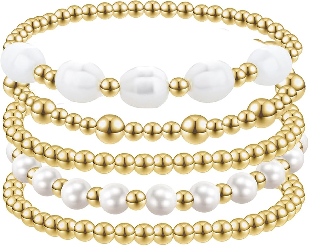 Gold Beaded Bracelets for Women,14K Gold Plated Stretch Gold Bracelet Hypoallergenic Stackable Br... | Amazon (US)