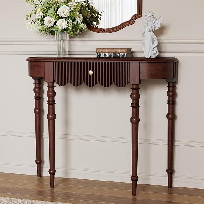 Solid Wood Console Table with Drawer – Dark Walnut Entryway Table with Scalloped Edge and Strai... | Amazon (US)