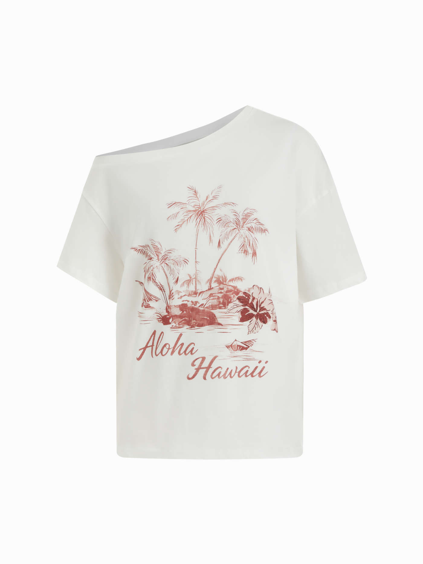 Knit Fabric Cotton Asymmetrical Neck Short Sleeve Nature Graphic Tee For Vacation Beach | Cider