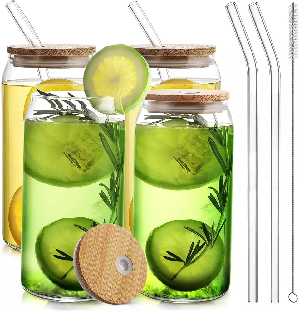 Whaline Drinking Glasses with Bamboo Lids and Glass