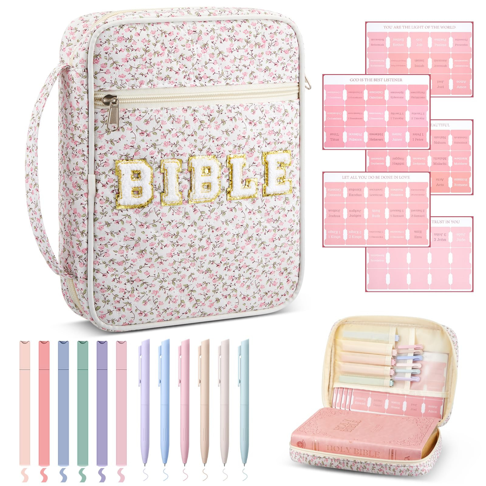 Quilted Bible Cover Case for Women Large Carrying Bag with Organizer Tabs 6 Colored Pens 6 Highli... | Amazon (US)