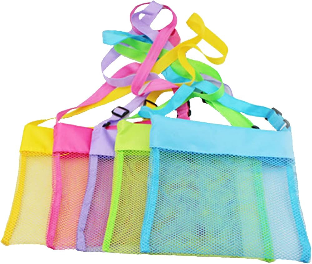 5-PCS Colorful Mesh Beach Bag Shell Collecting Bag Toy Holding Shells with Adjustable Carrying St... | Amazon (US)