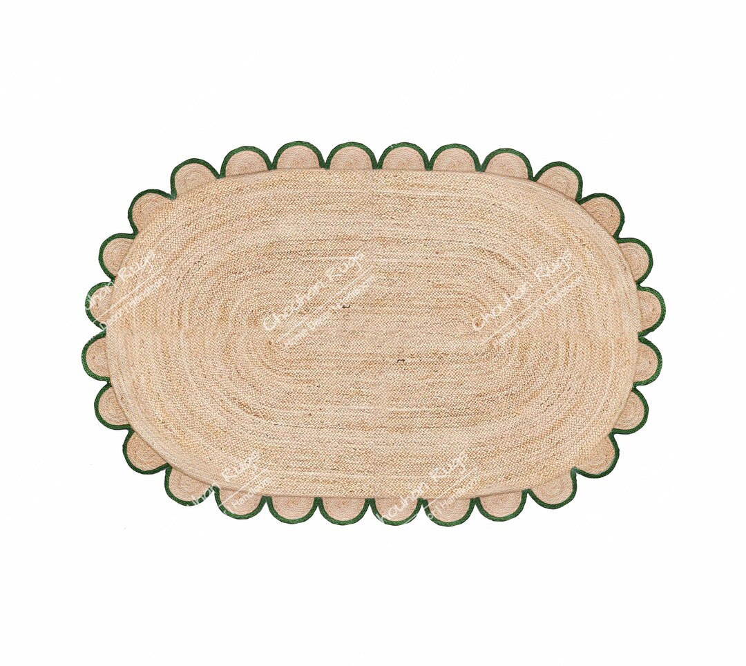 Scalloped Jute Rug With Green Border In Oval/Round/Rectangle, Natural Jute Rug, Custom Size Rug, ... | Etsy (US)