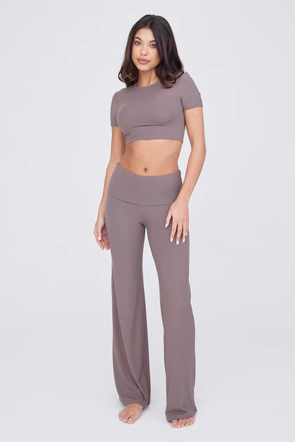 365 SCULPTING LOUNGE MULTIWAY FOLD WAIST FLARED TROUSERS - MOCHA | TALA (UK)