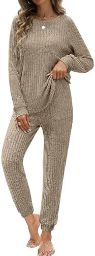 JUSTFASHIONNOW Womens Ribbed Knit Lounge Set 2 Piece Outfits Long Sleeve Pajama Set Loungewear Jo... | Amazon (US)